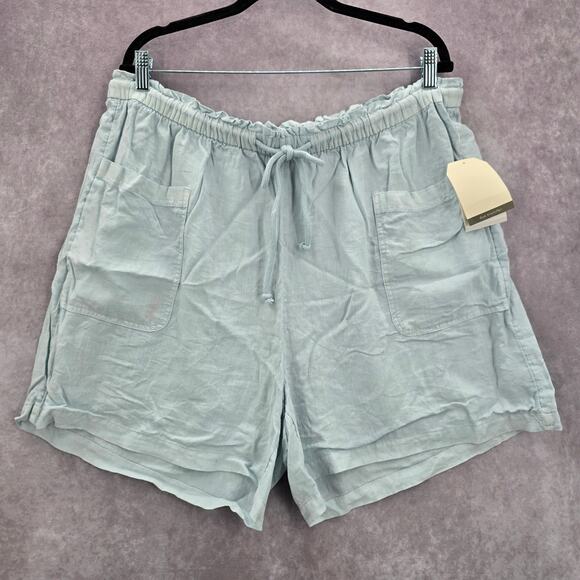 Wonderly Blue Pullon Ruffle Linen Relaxed Pants Shorts Plus 2X - Picture 1 of 7